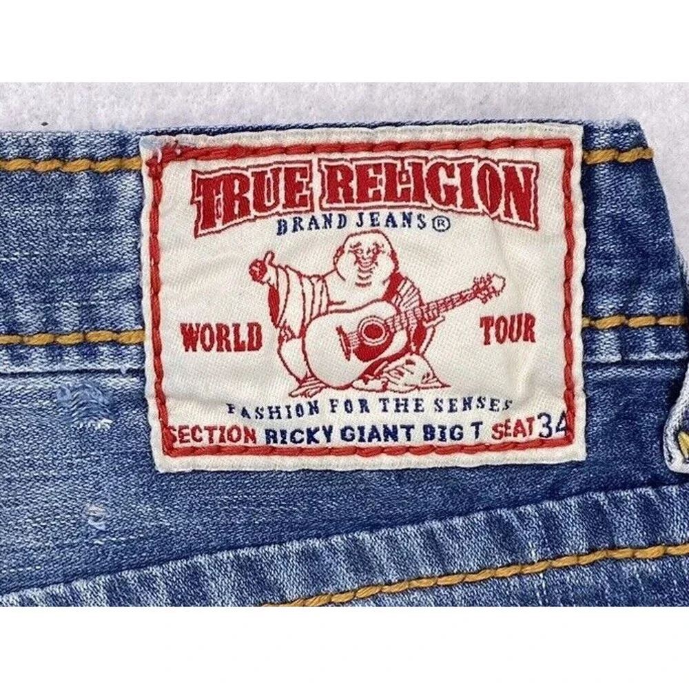 True Religion Mens Ricky Giant Big T Cut Off Jean Shorts Denim Size 30 Made USA